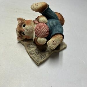 Cat Figurine Holding Pink Yarn in Blue Outfit